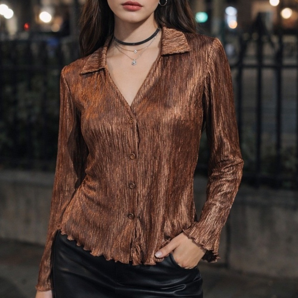 Tru‎ Self Bronze Metallic Crinkle Blouse Small Y2K Shimmer Button Up 90s Top